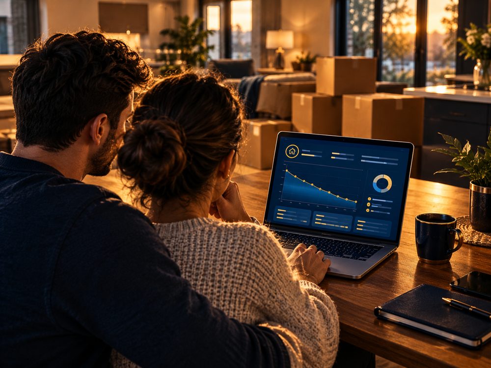A couple reviewing a mortgage payoff chart on a laptop in their new home