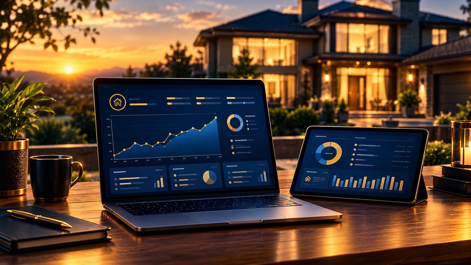 A laptop and tablet showing a mortgage dashboard on a desk in front of a house at sunset