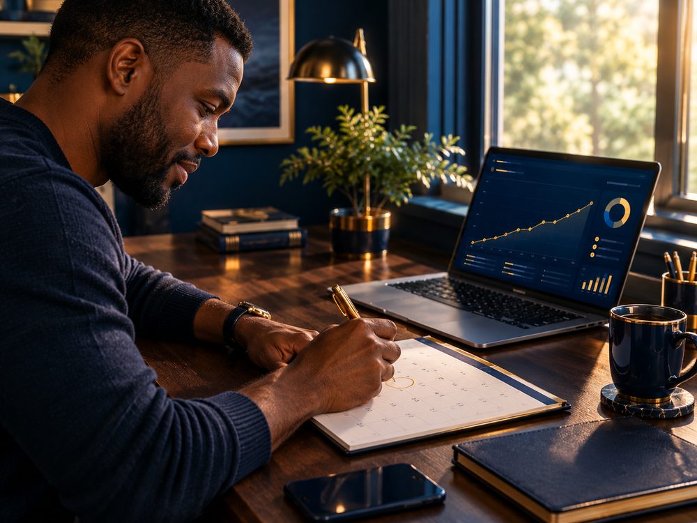 A man circling a date on a calendar with a gold pen while a laptop beside him shows a net worth trend chart