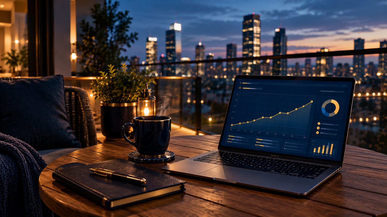 A laptop showing a rising net worth chart on a balcony table at blue hour with a city skyline behind